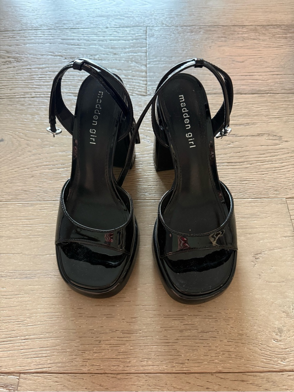 Madden Girl Black Patent Block Heel Sandals with Ankle Strap